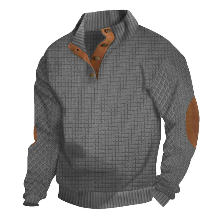 Men's Half-button Stand-up Collar Sweater with Honeycomb Structure and Leather Details StylebySassy