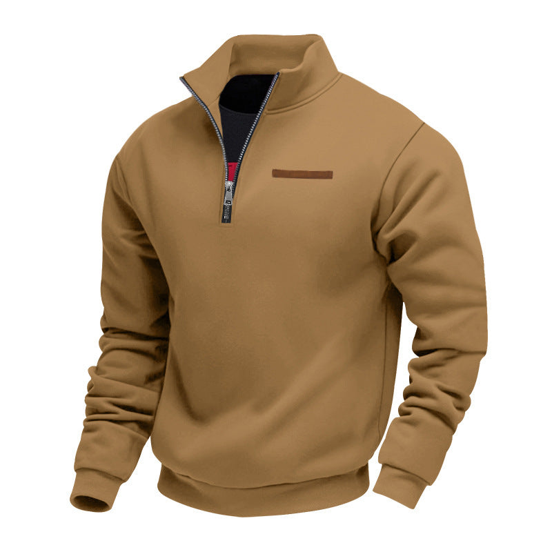 Men's half-zip sweatshirt made of heavy fleece with stand-up collar and concealed chest pocket StylebySassy