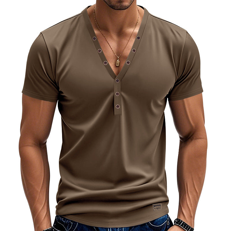 Men's tailored short-sleeve Henley shirt made of cotton-elastane with a deep V-neckline and decorative button placket StylebySassy