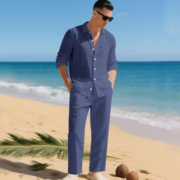 Men's lightweight linen outfit with stylish shirt and elegant pants StylebySassy