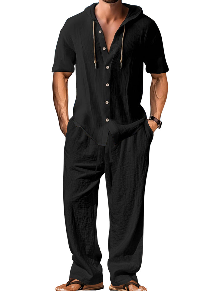 Men's airy linen lounge set with short-sleeved hoodie and straight relaxed pants StylebySassy