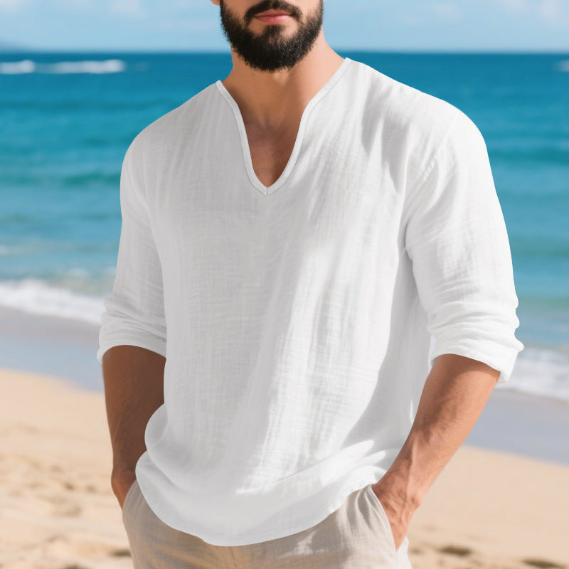 Men's lightweight linen V-neck shirt with a loose fit and roll-up sleeves StylebySassy