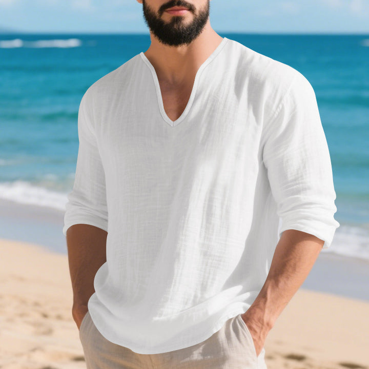 Men's lightweight linen V-neck shirt with a loose fit and roll-up sleeves StylebySassy