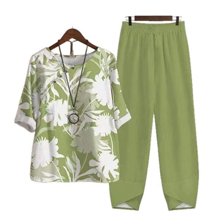 Women's lightweight tunic two-piece set with botanical leaf print, casual V-neck blouse and elastic comfort pants StylebySassy
