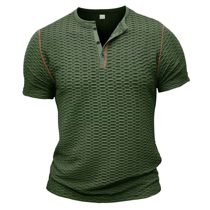 Men's structured short-sleeve henley with three-dimensional relief structure, reinforced button placket, and contrast piping StylebySassy