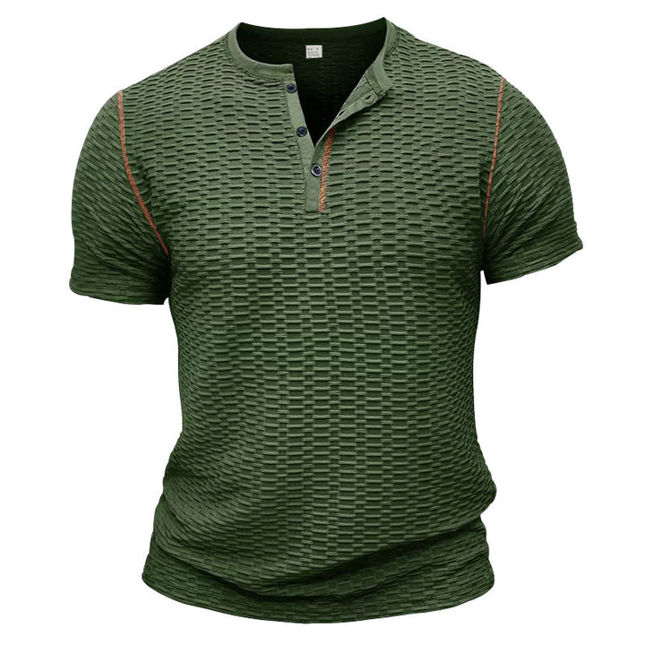 Men's structured short-sleeve henley with three-dimensional relief structure, reinforced button placket, and contrast piping StylebySassy