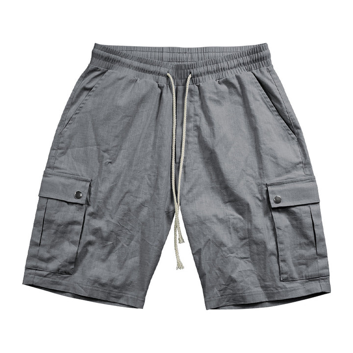 Men's urban cargo Bermuda shorts made of linen-cotton blend with elastic drawstring waistband and snap-flap pockets StylebySassy