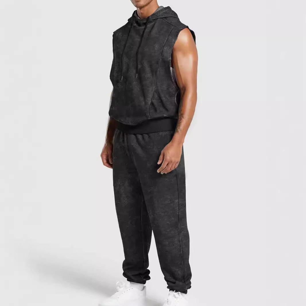 Men's sleeveless hooded sweat set in velour look with elastic joggers and ribbed cuffs StylebySassy