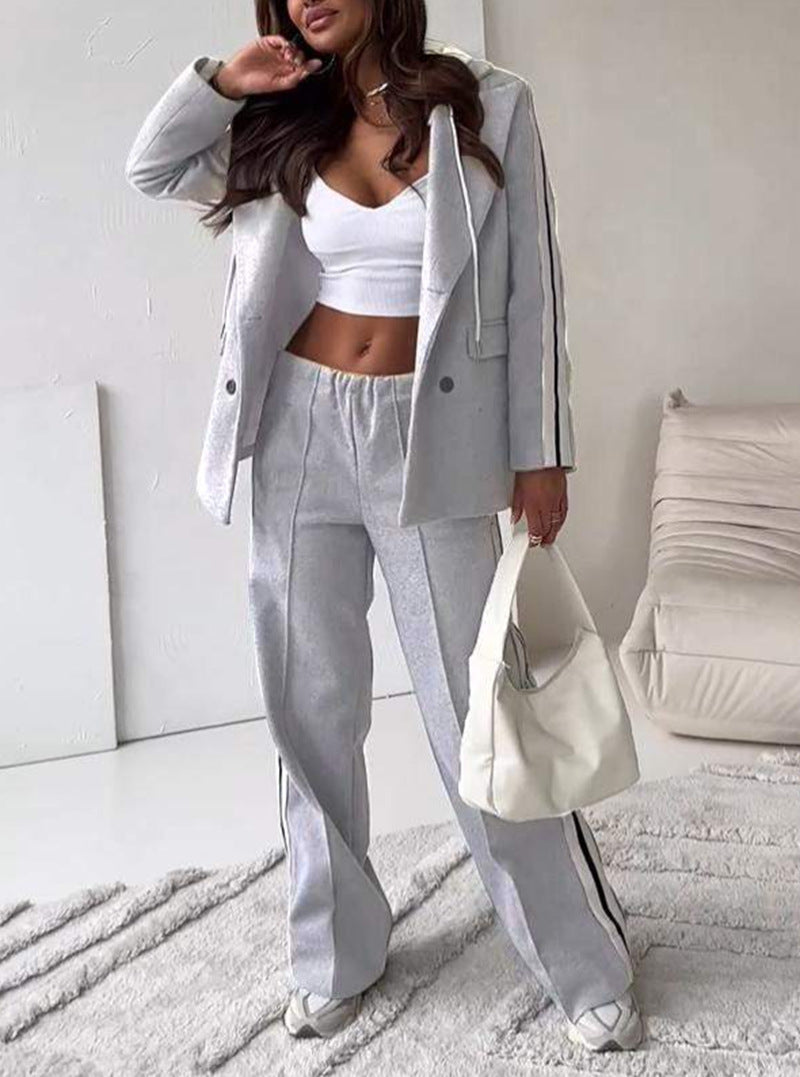 Women's sporty-elegant blazer two-piece with hooded blazer and wide training pants with side stripe StylebySassy