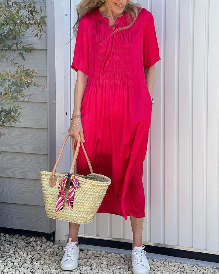 Women's casual midi dress with gathered bust panel, delicate slip collar, tie belt, and side pockets StylebySassy