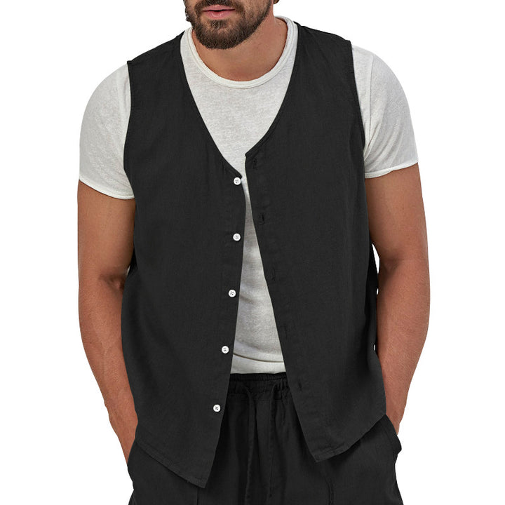 Men's casual sleeveless shirt waistcoat made of linen-cotton blend with V-neck and full button placket StylebySassy