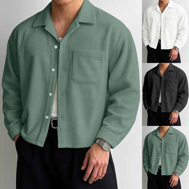 Men's ribbed long sleeve shirt with lapel collar, chest pocket, and relaxed fit StylebySassy