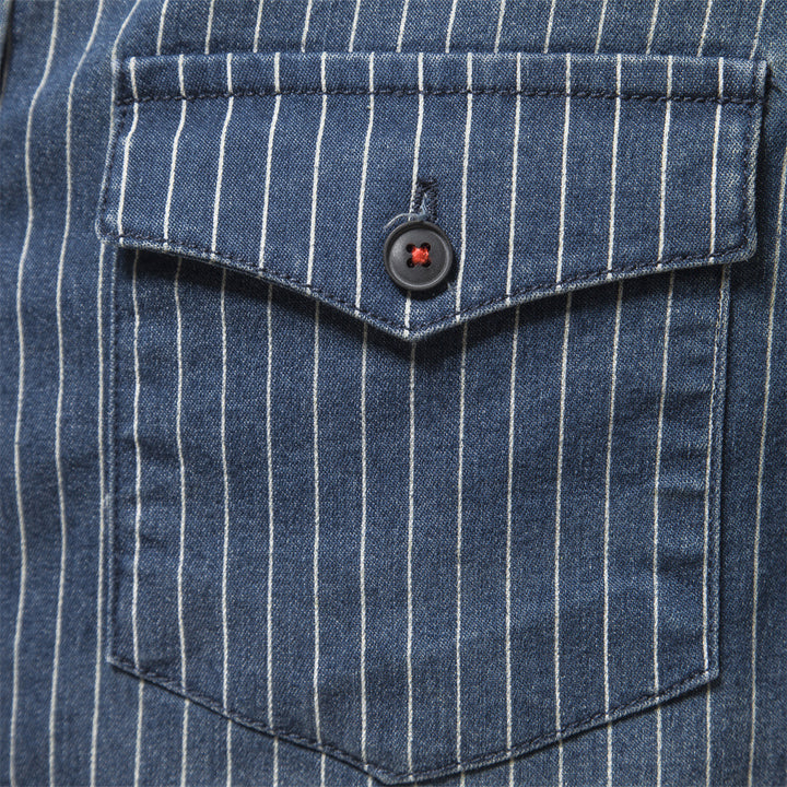 Men's tailored long-sleeve denim shirt with pinstripes and patch pockets StylebySassy