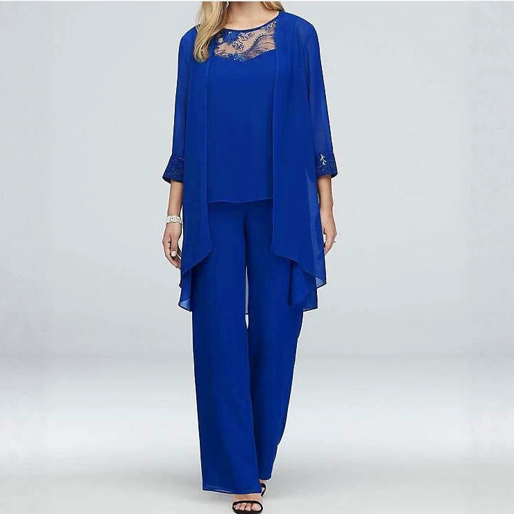 Women's flowing chiffon evening ensemble with lace trim, kimono cardigan and wide palazzo pants StylebySassy