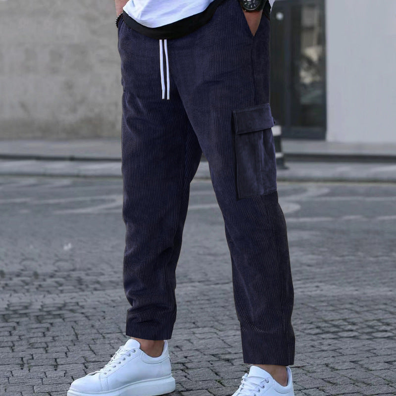 Men's tapered corduroy joggers with elastic drawstring waistband and patch flap pockets StylebySassy