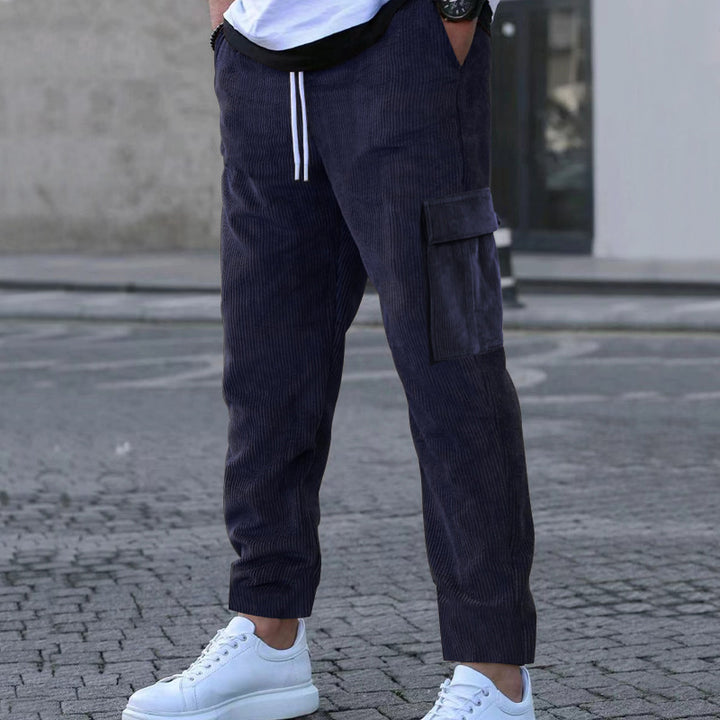 Men's tapered corduroy joggers with elastic drawstring waistband and patch flap pockets StylebySassy