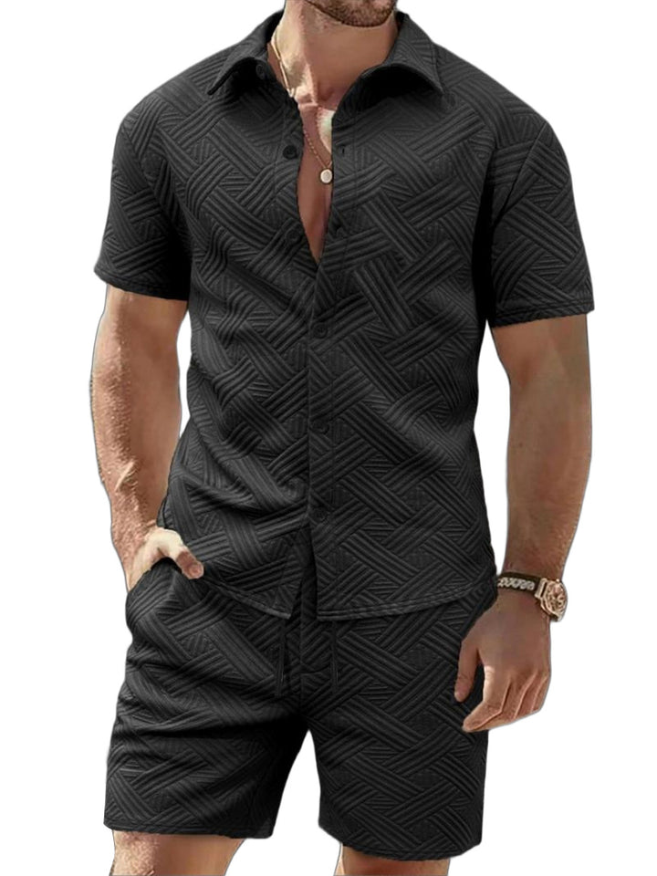 Men's nan geometric embossed short sleeve shirt and Bermuda two-piece set with shirt collar and drawstring StylebySassy
