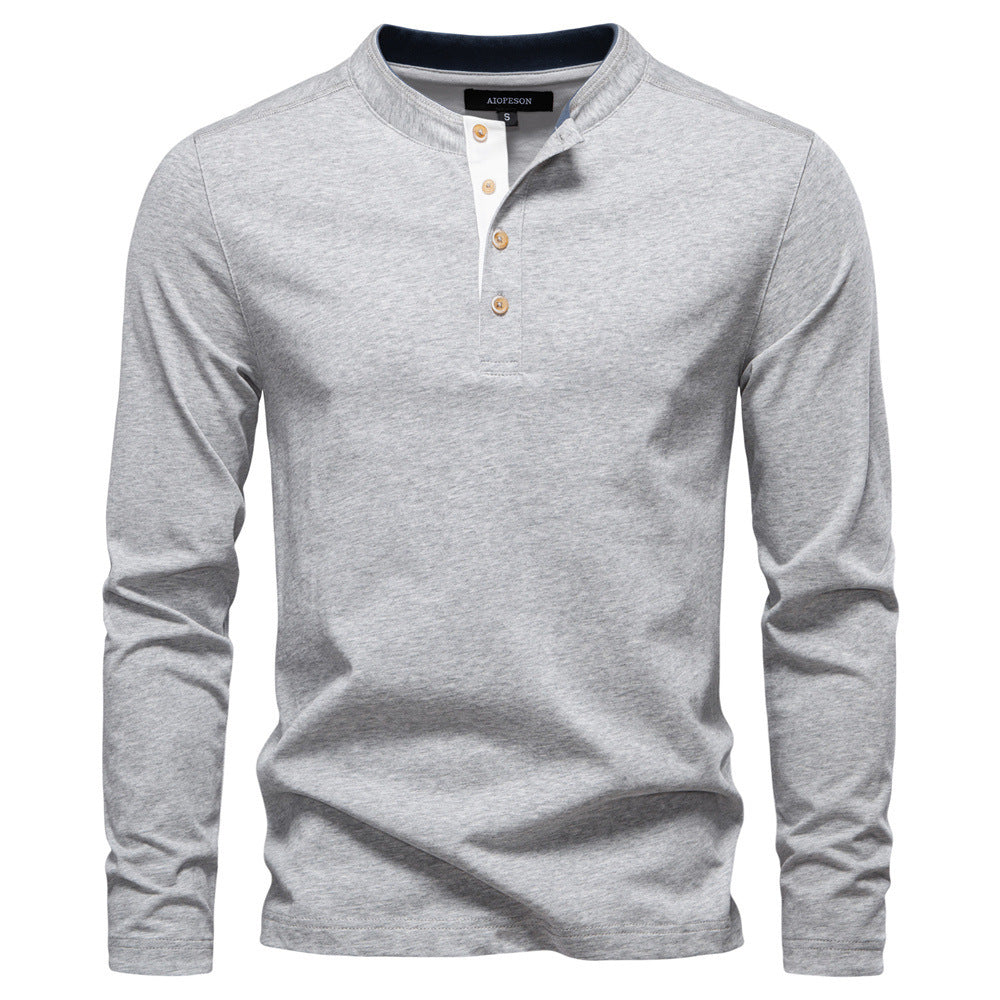 Men's navy cotton long-sleeve shirt with short button placket and stand collar StylebySassy