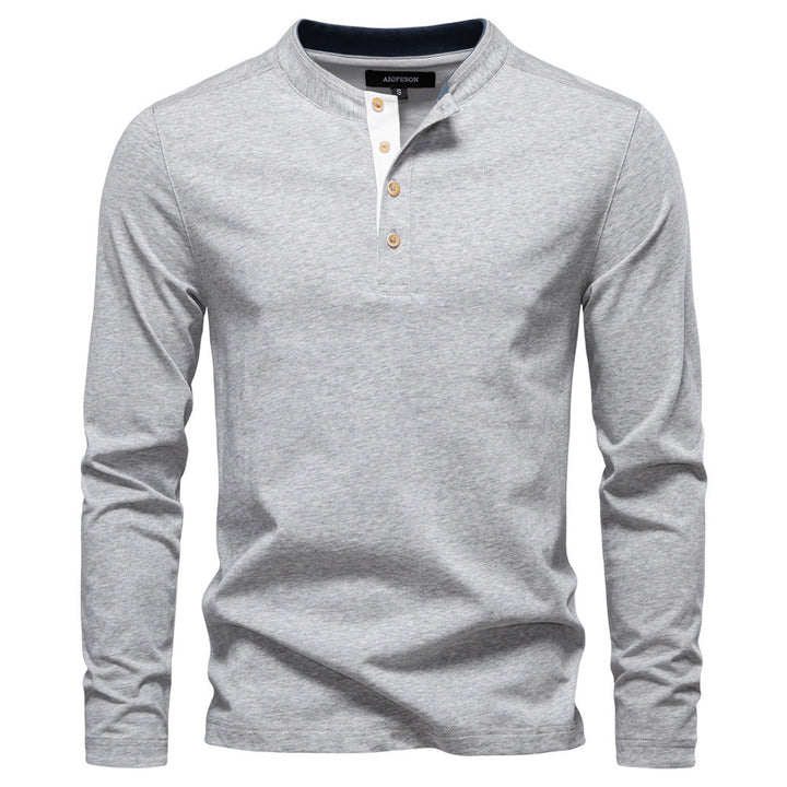 Men's navy cotton long-sleeve shirt with short button placket and stand collar StylebySassy