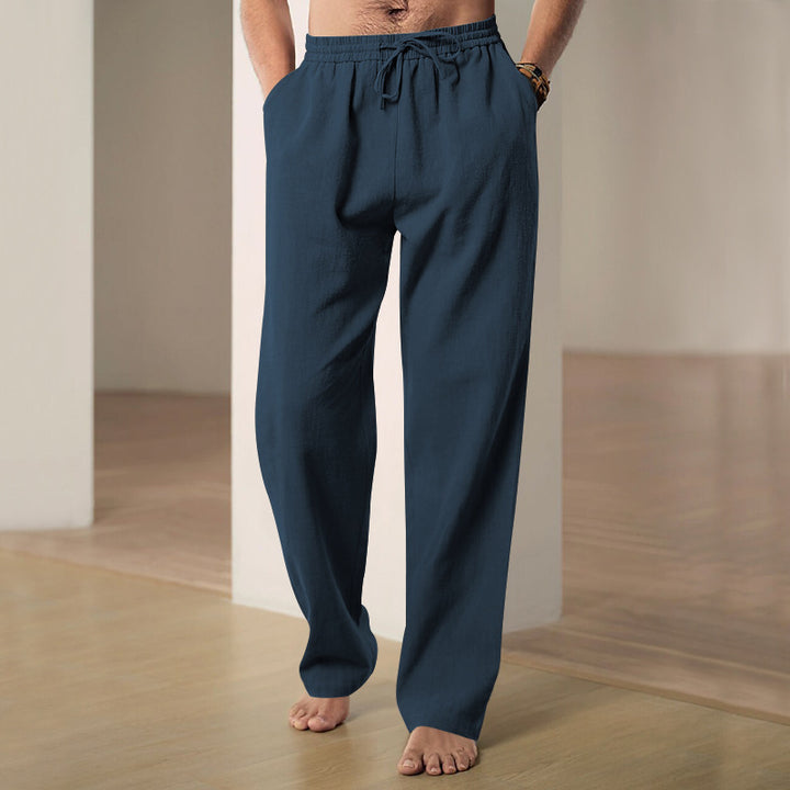 Men's comfortable linen-cotton blend relaxed pants with straight leg, elastic waistband, and concealed side pockets StylebySassy