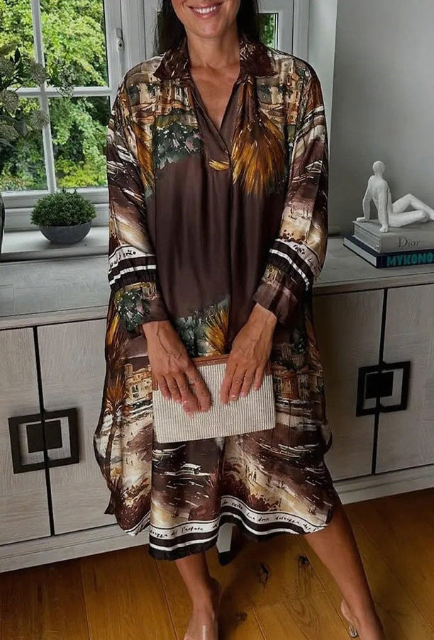 Women's blouse dress in silk look, kaftan style, with an illustrative coastal print StylebySassy