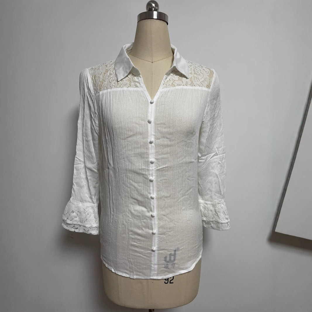 Ladies' semi-transparent crepe blouse with lace yoke, fabric-covered buttons, and three-quarter flounce sleeves StylebySassy