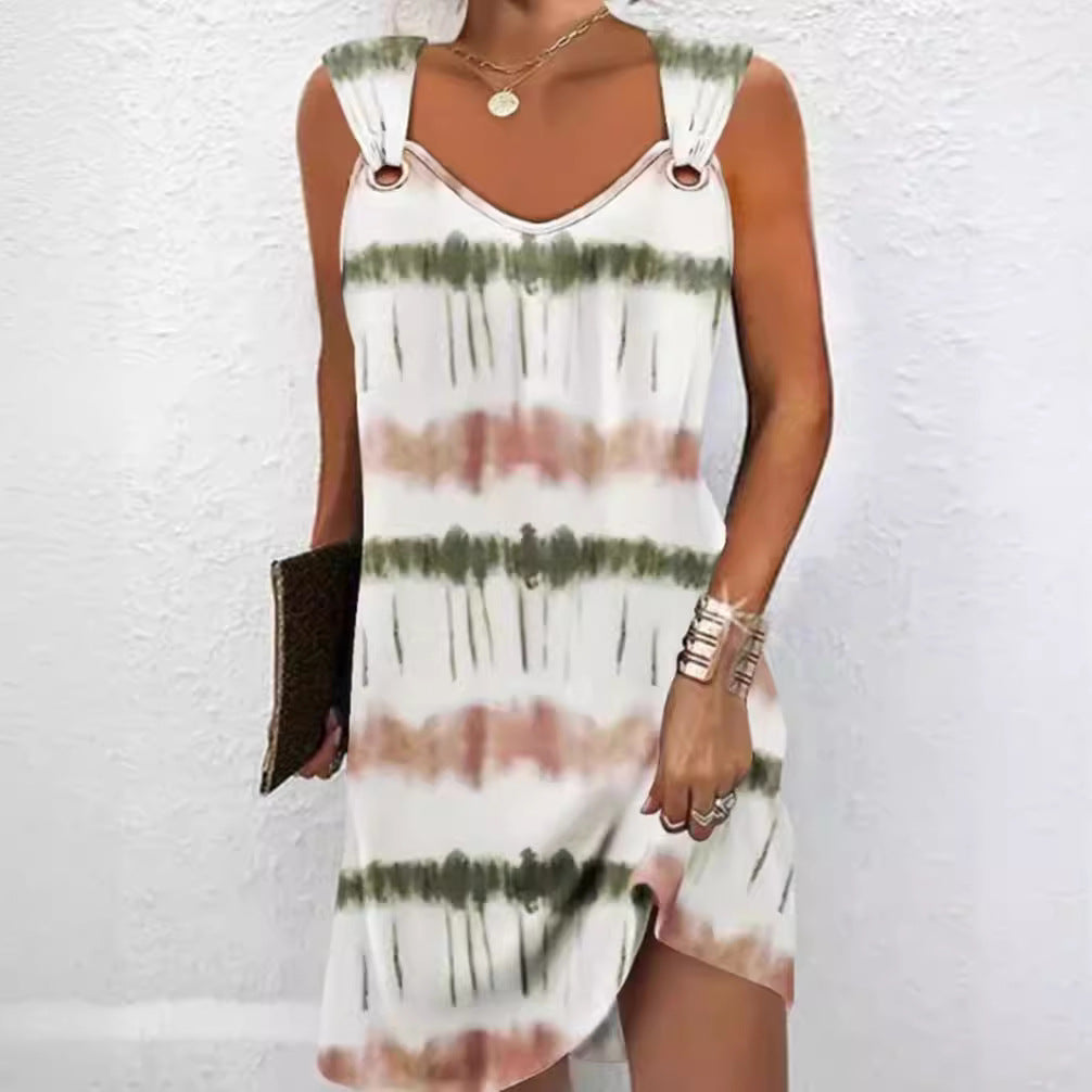 Women's sleeveless V-neck summer dress with decorative metal eyelets on wide straps and casual A-line silhouette StylebySassy
