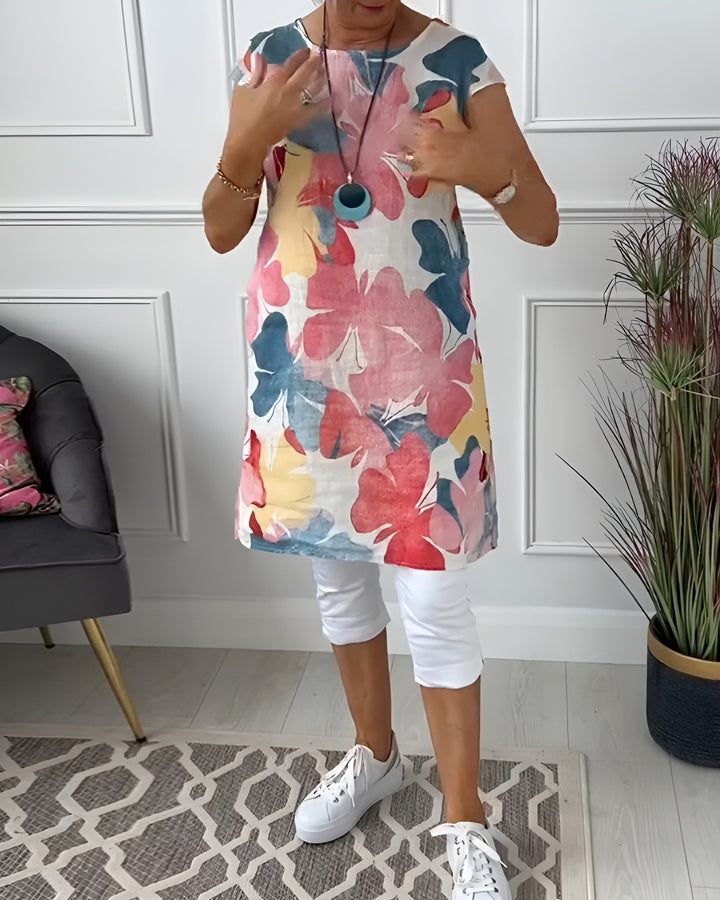 Ladies' airy tunic midi dress made of linen blend with watercolor flower print and side pockets StylebySassy