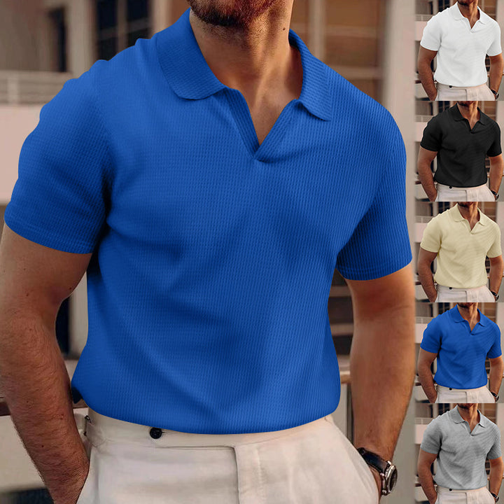 Men's lightweight short-sleeve polo made from waffle jersey with an open V-neck and shirt collar StylebySassy