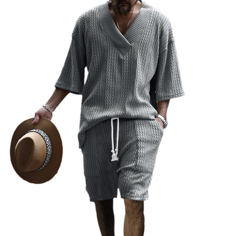 Men's casual structured knit set with deep V-neck boxy short sleeve sweater and drawstring shorts StylebySassy
