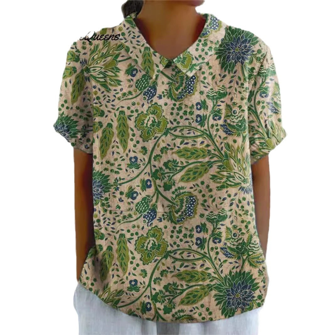 Women's casual short-sleeve blouse with V-neck, rounded hem, and botanical all-over print StylebySassy