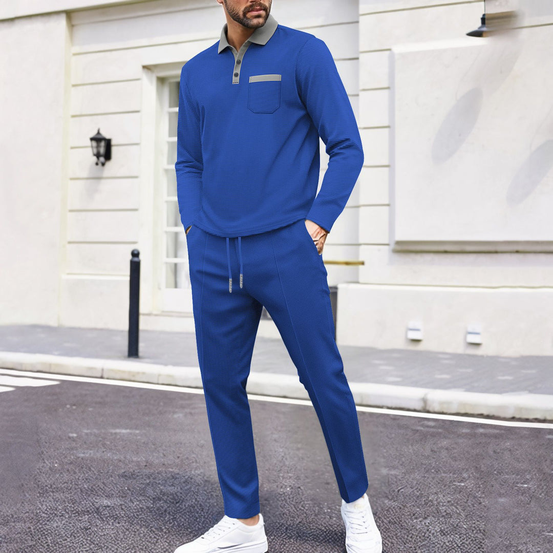 Men's travel set made of structured jersey with long sleeve polo shirt, chest pocket, and slim fit drawstring pants StylebySassy