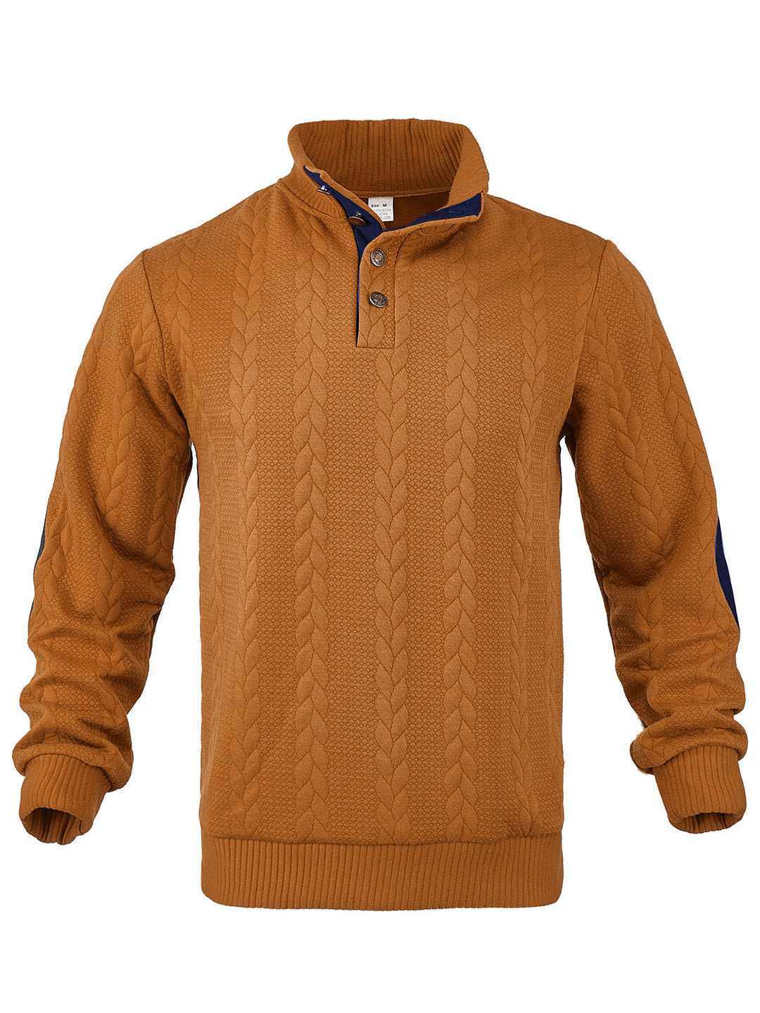 Men's Cable Knit Half Button Sweater with High Stand Collar and Suede Elbow Patches StylebySassy