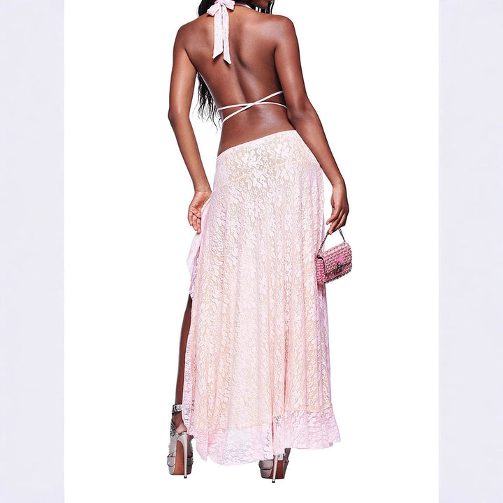 Women's maxi dress with deep V-neckline and intricate lace accents StylebySassy