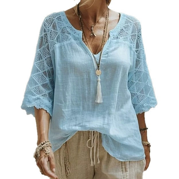 Women's locker-cut tunic with V-neck, crocheted yoke and elbow-length lace sleeves StylebySassy