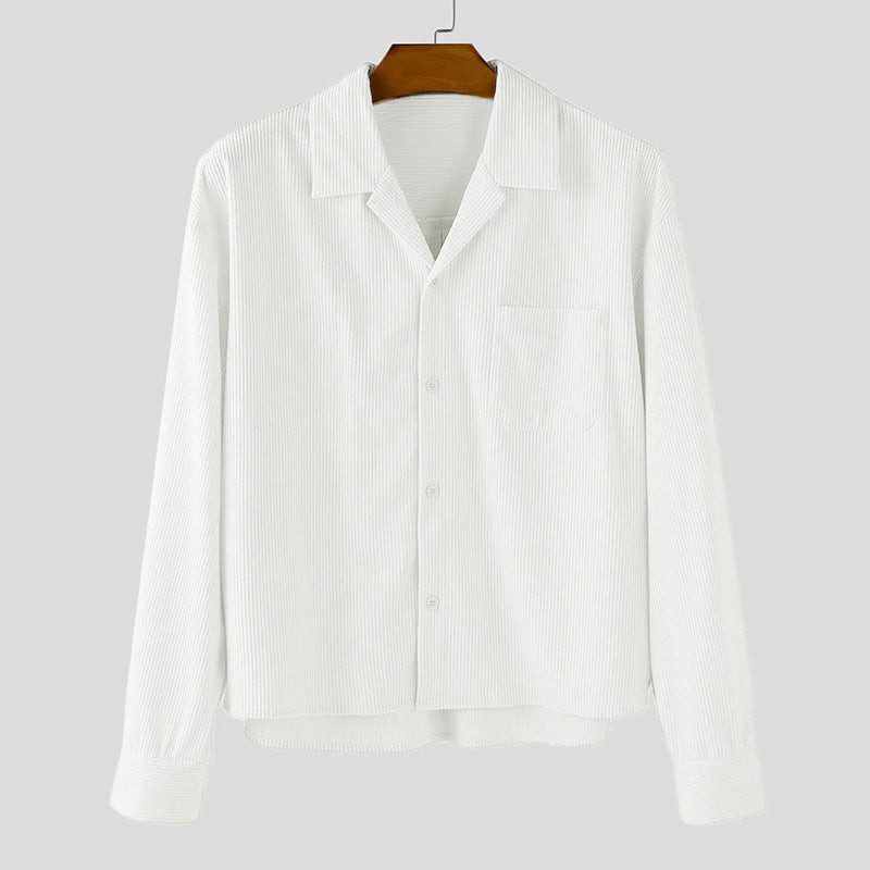 Men's ribbed long sleeve shirt with lapel collar, chest pocket, and relaxed fit StylebySassy