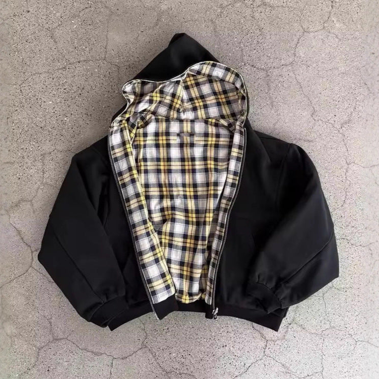 Unisex non-padded hooded jacket with checked flannel lining and zipper StylebySassy