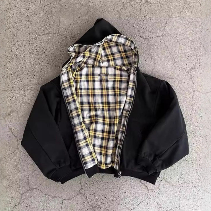 Unisex non-padded hooded jacket with checked flannel lining and zipper StylebySassy