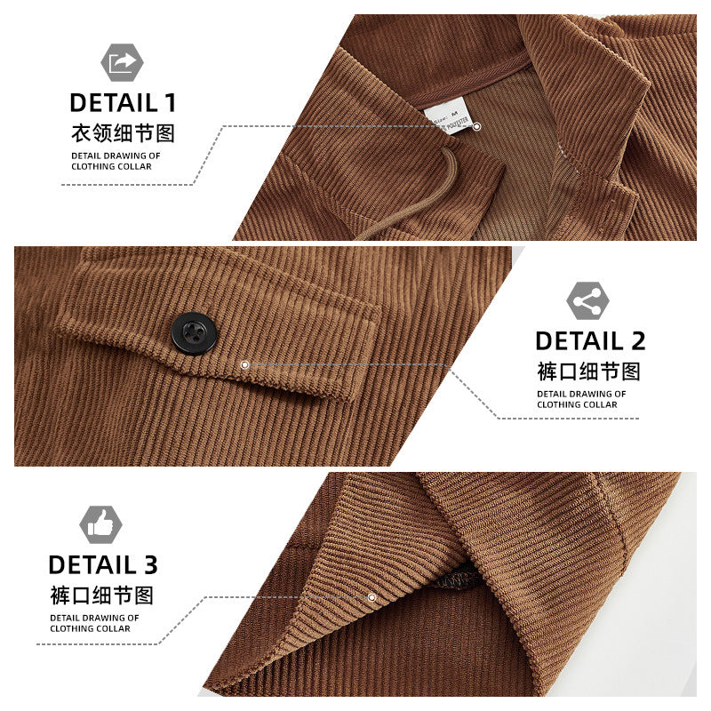 Men's ribbed transitional jacket in shirt style with stand-up collar, drawstring, and flap pockets StylebySassy