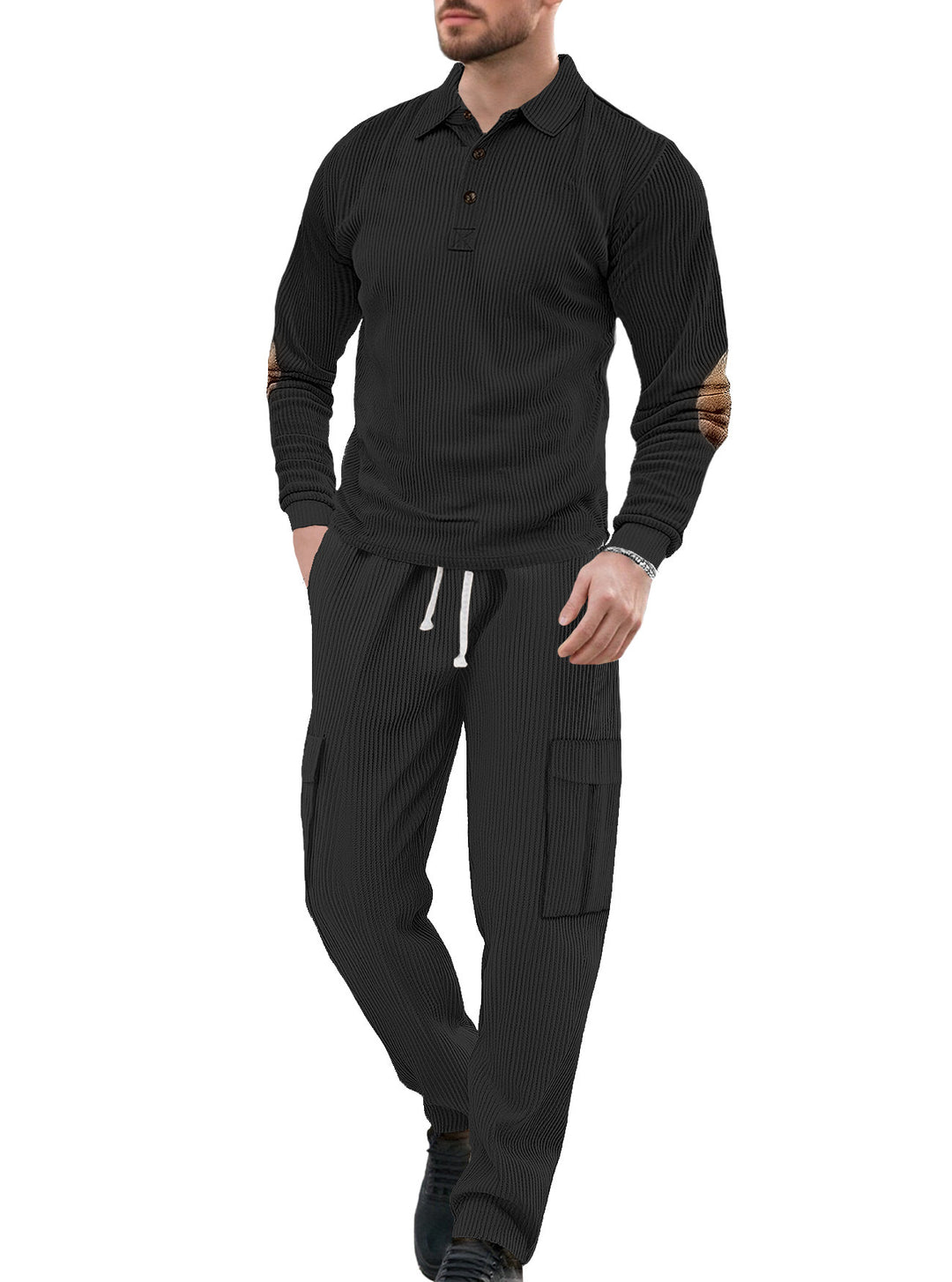 Men's nano ribbed lounge set with polo collar elbow patches and cargo pants StylebySassy