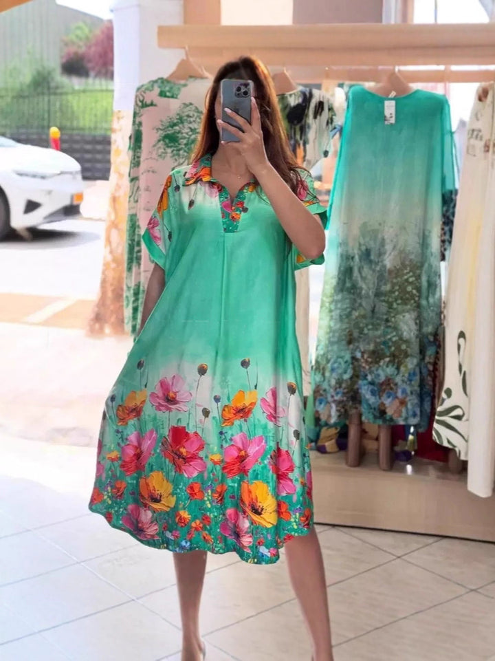 Women's lightweight shirt dress with floral border print, open V-neck and side pockets StylebySassy