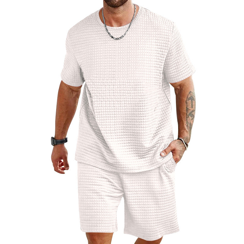 Men's waffle structure lounge and leisure set with wide-cut short-sleeve shirt and shorts with elastic waistband StylebySassy