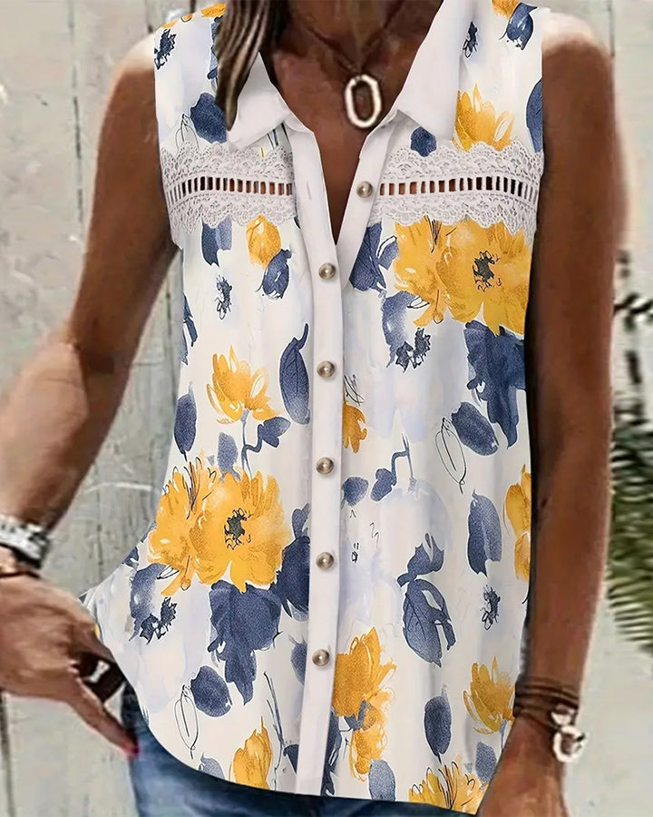 Women's satin imitation button-down top with lace yoke and pearl button placket StylebySassy