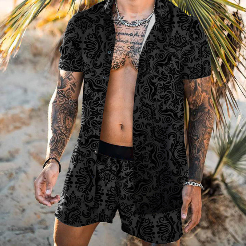 Men's short-sleeved shirt with baroque pattern and matching loose-fitting shorts StylebySassy