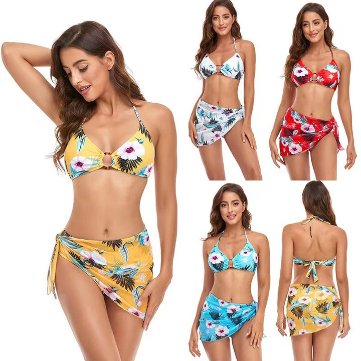 Women's Triangle Bikini Set with trendy wrap skirt and floral design StylebySassy