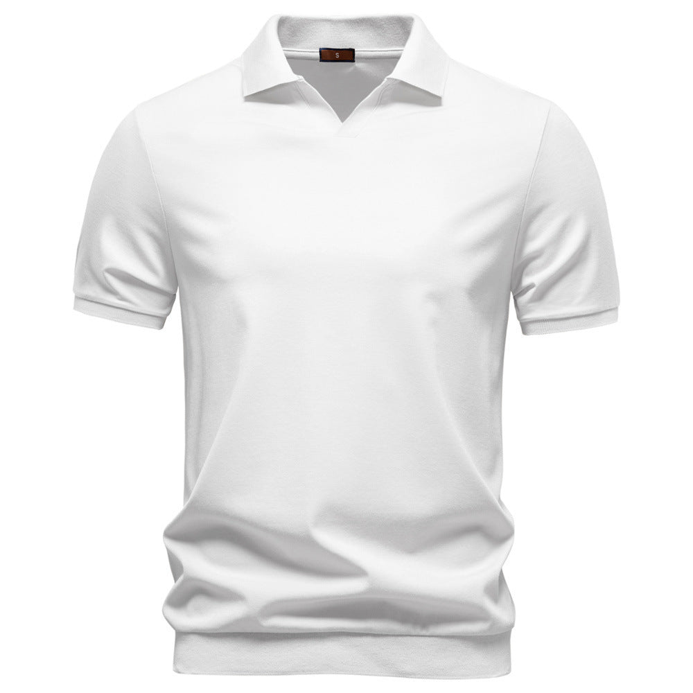 Men's fine-knit short-sleeve polo shirt with open V-neck and elastic hem StylebySassy