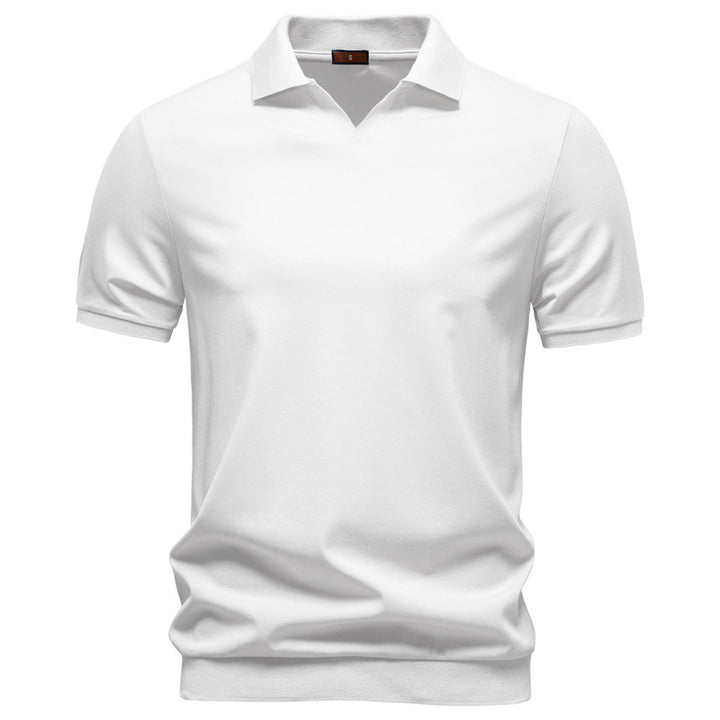 Men's fine-knit short-sleeve polo shirt with open V-neck and elastic hem StylebySassy