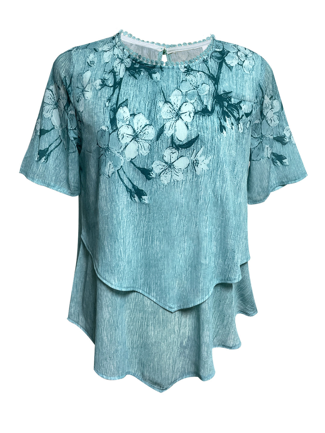 Women's two-layer blouse dress with asymmetrical tiered hem, floral print yoke, and wing sleeves StylebySassy