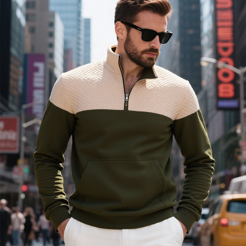 Men's quilted shoulder yoke half-zip sweater with kangaroo pocket and stand collar StylebySassy