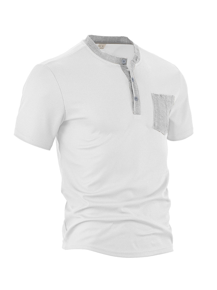 Men's breathable waffle henley shirt with stand-up collar, short button placket, and patch chest pocket StylebySassy